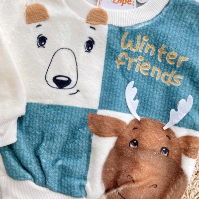 Conj. Casaco Winter Friends e Calça de Pelinho - Verde e Off White